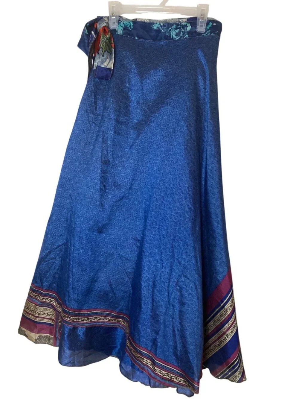Reversible Sari Silk Magic Wrap Skirt Blue Boho Festival Hippie Maxi India OS